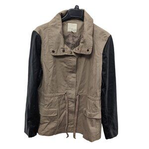 Olive & Oak Women's Snap Zip Drawstring Waist Color Block Beige Black Jacket L